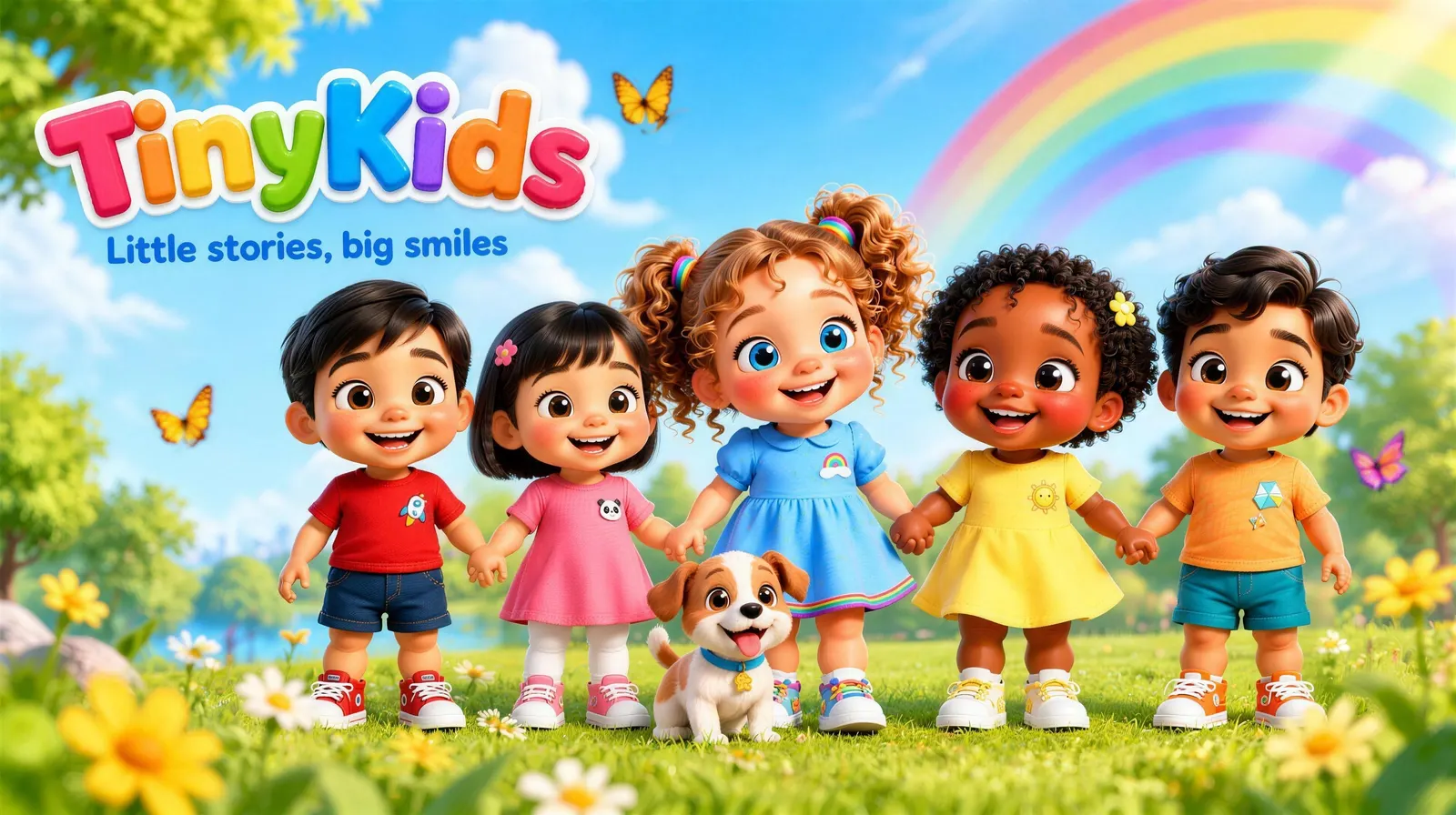 Skylar holding hands with her friends Luis Angel, Mei, Zoe and Arjun in a sunny park under a rainbow, with their puppy in front